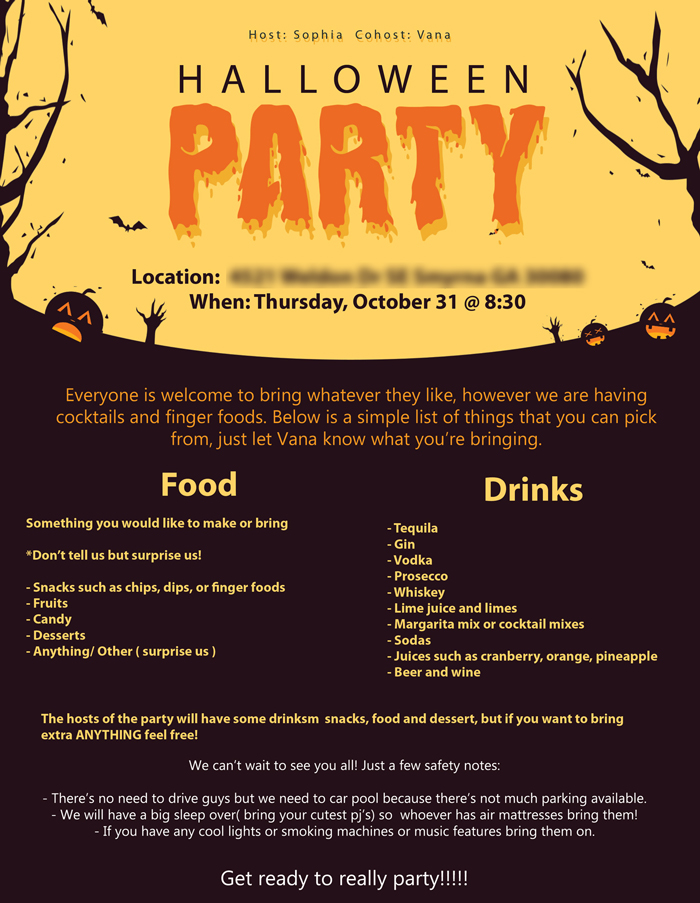 Flyer for a friends Halloween party